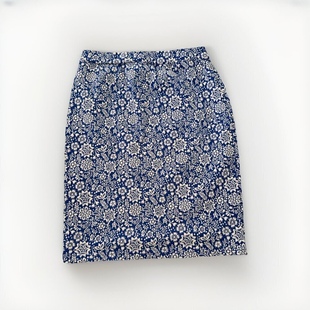 41 Hawthorn Blue White Floral Stretch Knit Pull on Pencil Skirt Small - Picture 5 of 5